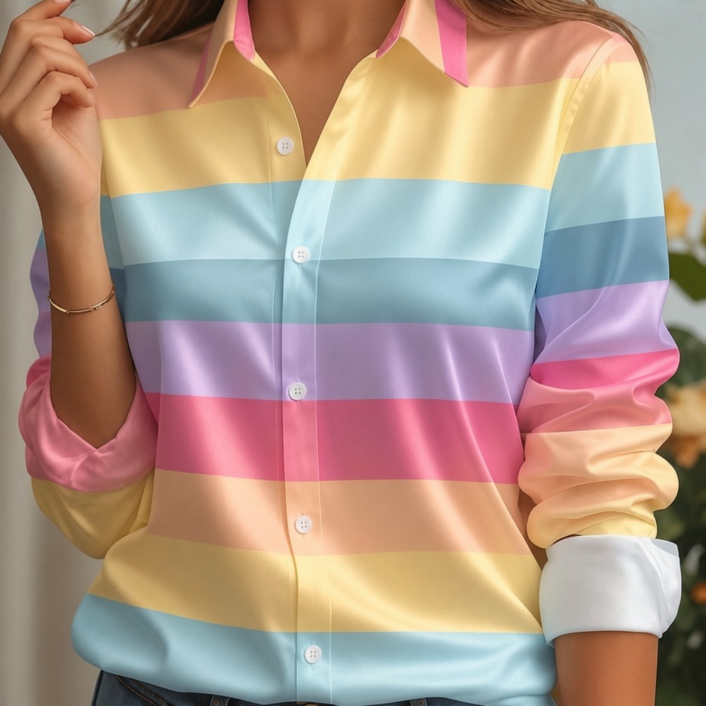 Women Fashion Styles - Women Satin Lapel Collar Shirt Pastel
