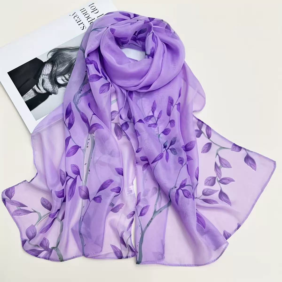 Printed Wrap Skirt - Leaf Print Silk-like Chiffon Scarf Shawl
