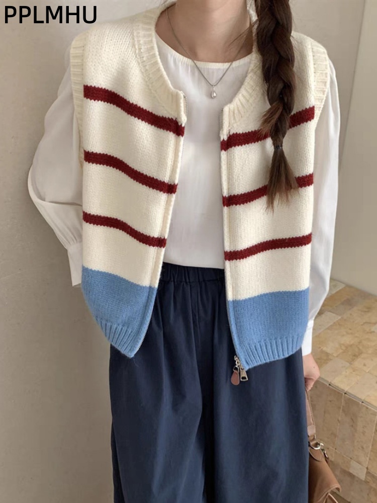 Women'S Fashion Gilet - Striped Zipper Cardigan Knitted Vest Women's