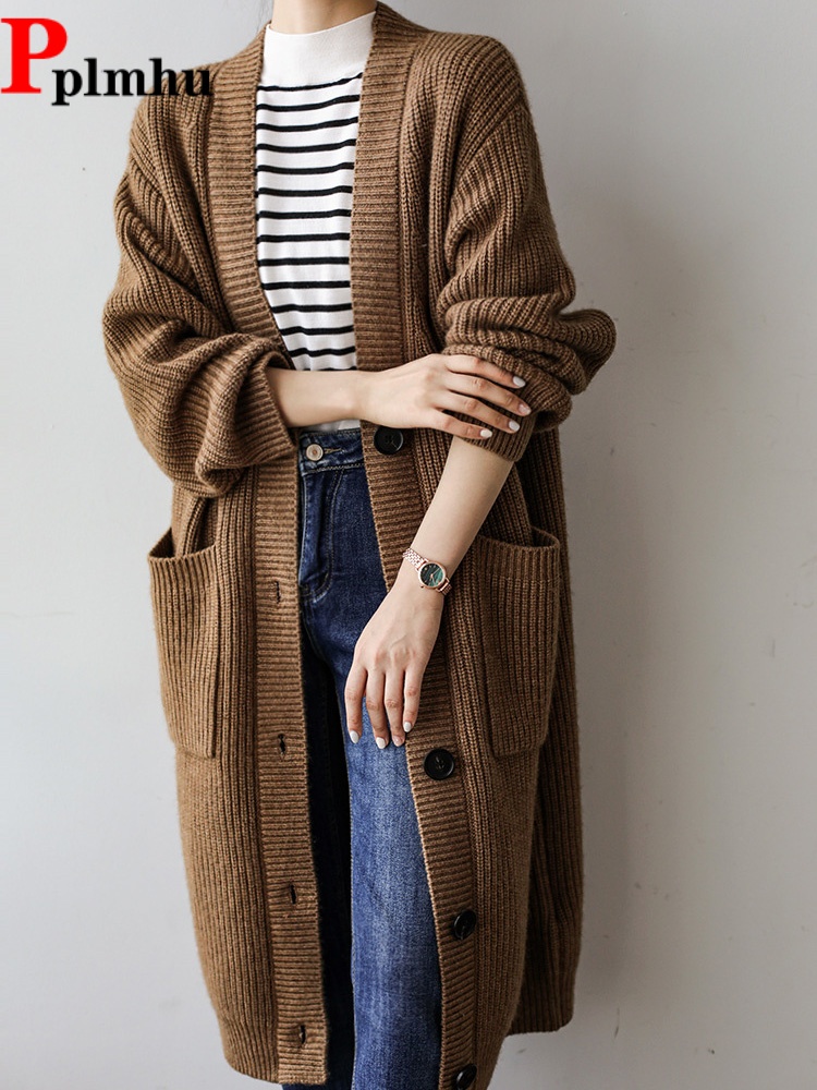 Women'S Fashion Gilet - Baggy Long Knitted Cardigan Single Breasted