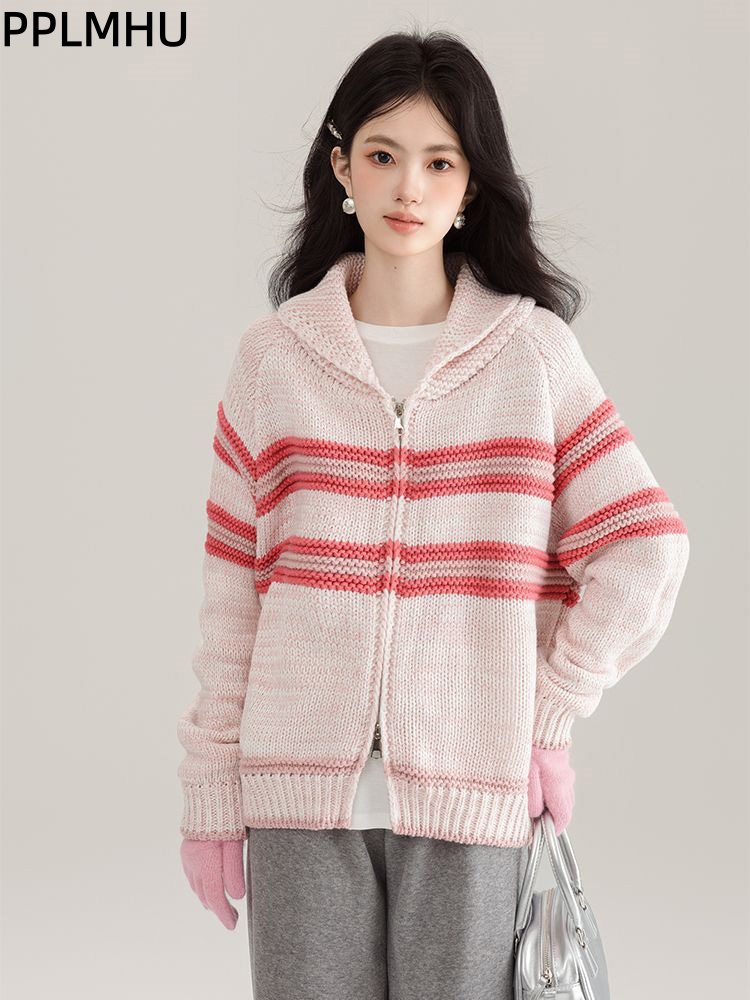 Women'S Fashion Gilet - Turn-Down Collar Striped Knitted Cardigan Korean