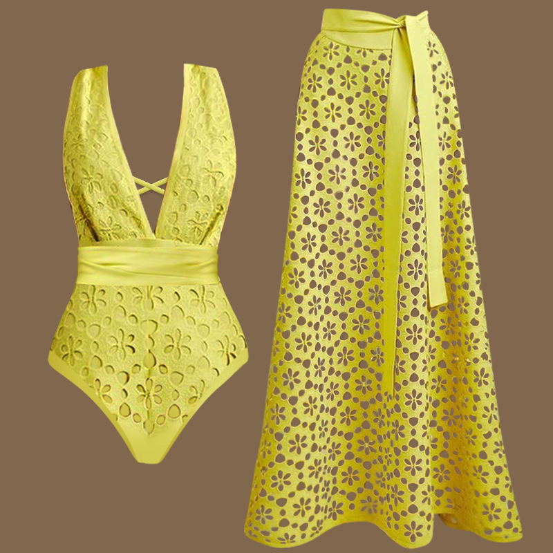 Printed Wrap Skirt - One-piece Women Swimwears Sophisticated Yellow Cut-Out