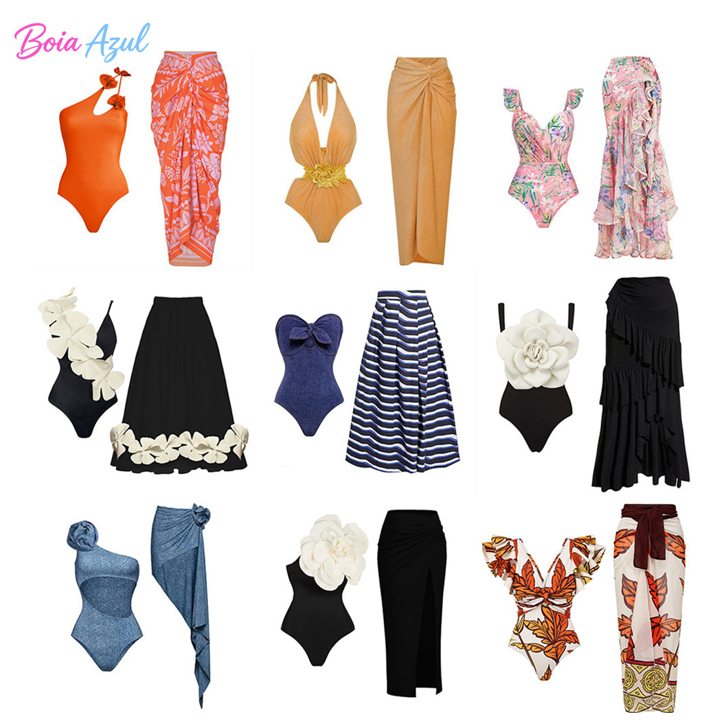 Printed Wrap Skirt - Three-dimensional flower-patterned one-piece swimsuit two-piece set