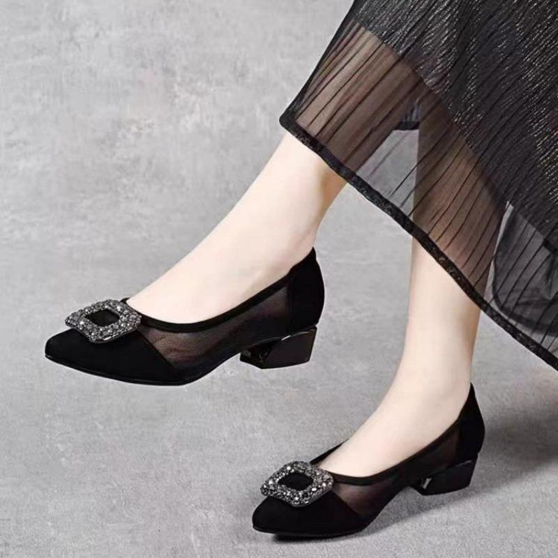 Women Fashion Heels - Elegant Pointed Toe Mesh Block Heel